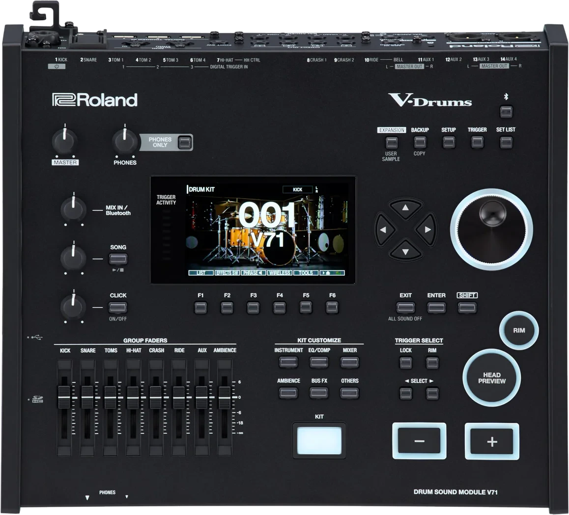 Roland V71 drum sound module with screen and hands-on faders