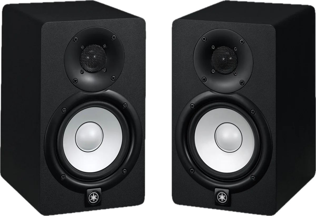A pair of Yamaha HS5 powered studio monitors