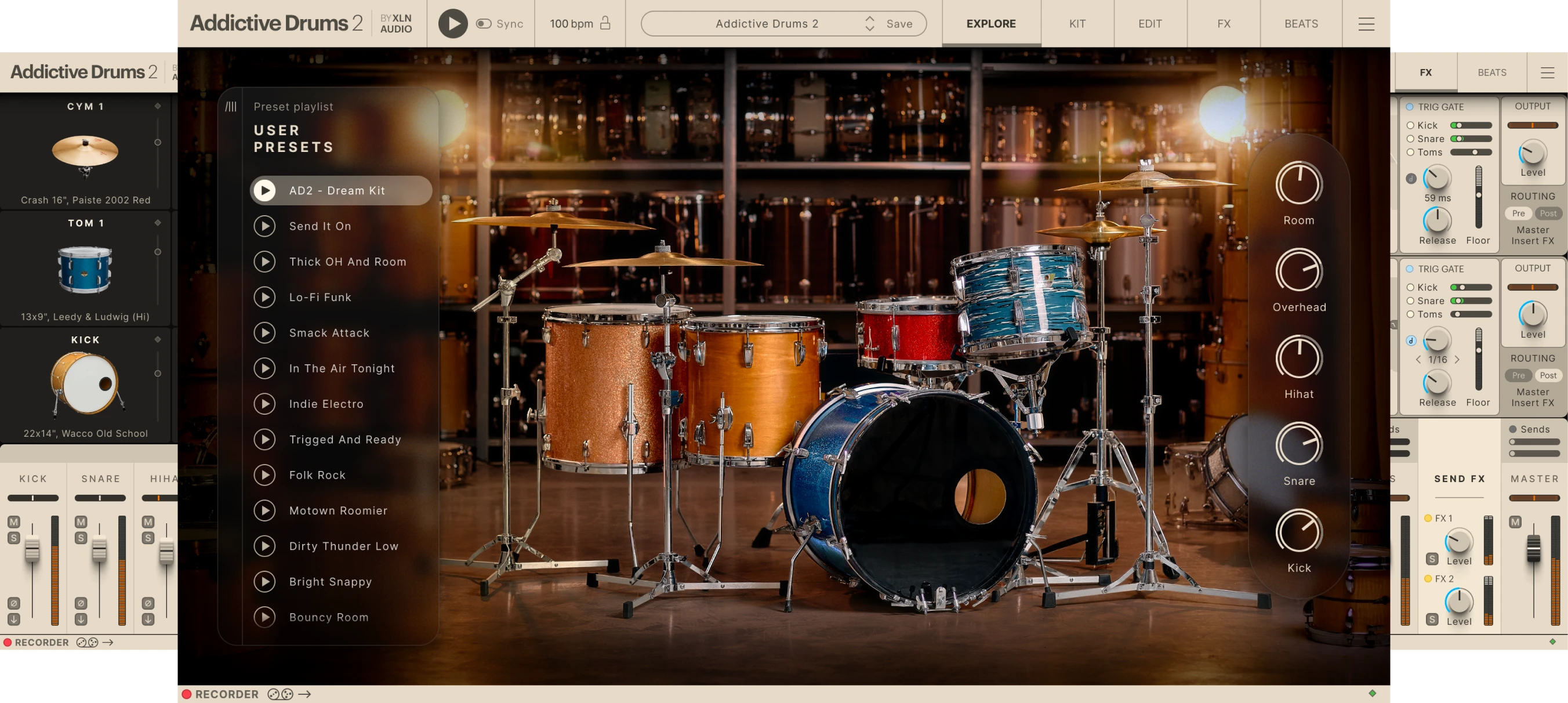 Addictive Drums 2 interface showing a drum kit and sound controls